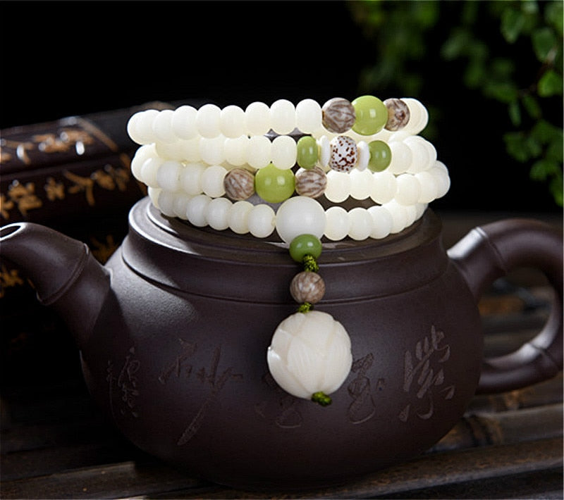 Original Design Natural White Bodhi Root Beads Bracelet Lotus 108 Lotus Mala Healing Prayer Bracelet for Women Jewelry Gift
